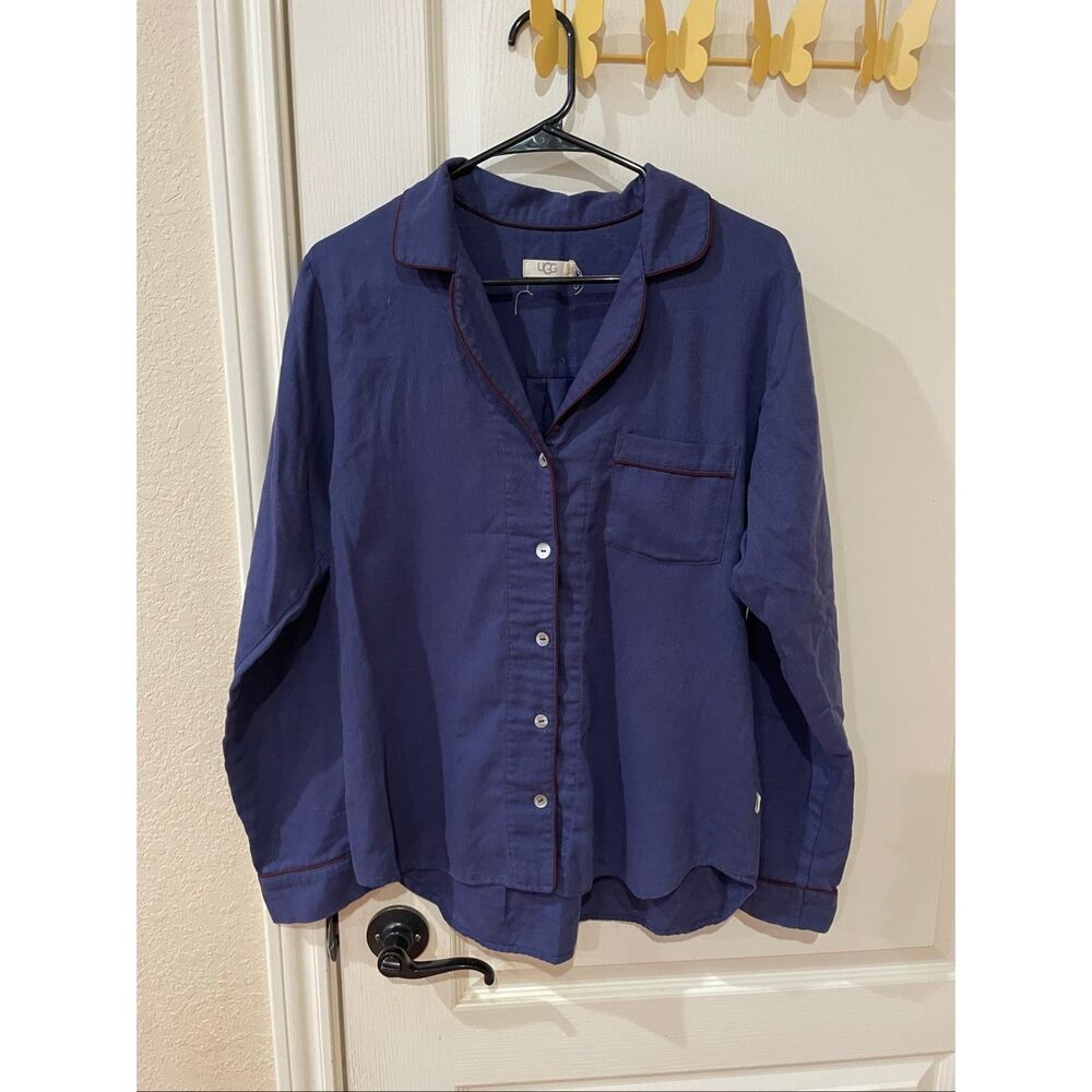 UGG blue women's button-up pajama top with dark red piping